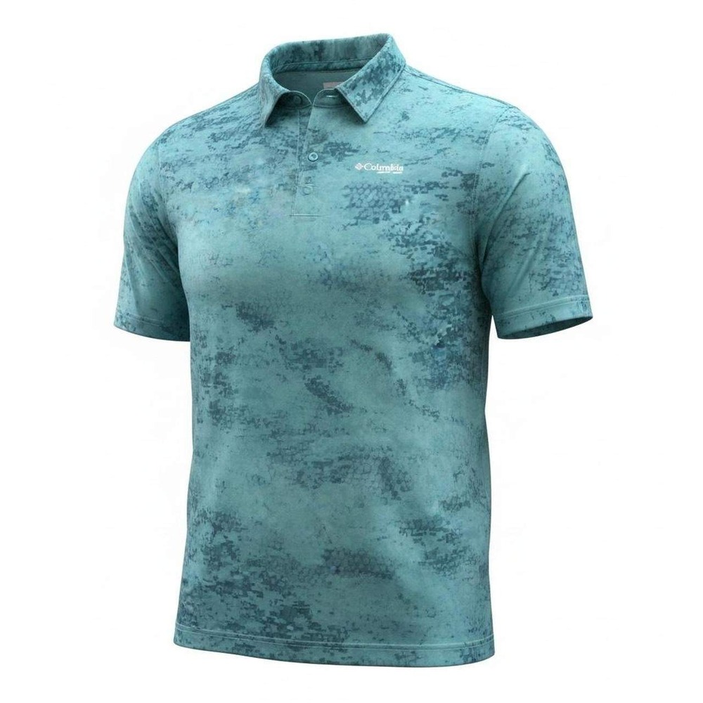 Columbia PFG Polo Mens XXL Teal Super Terminal Tackle UPF 50 Digital Scale Print